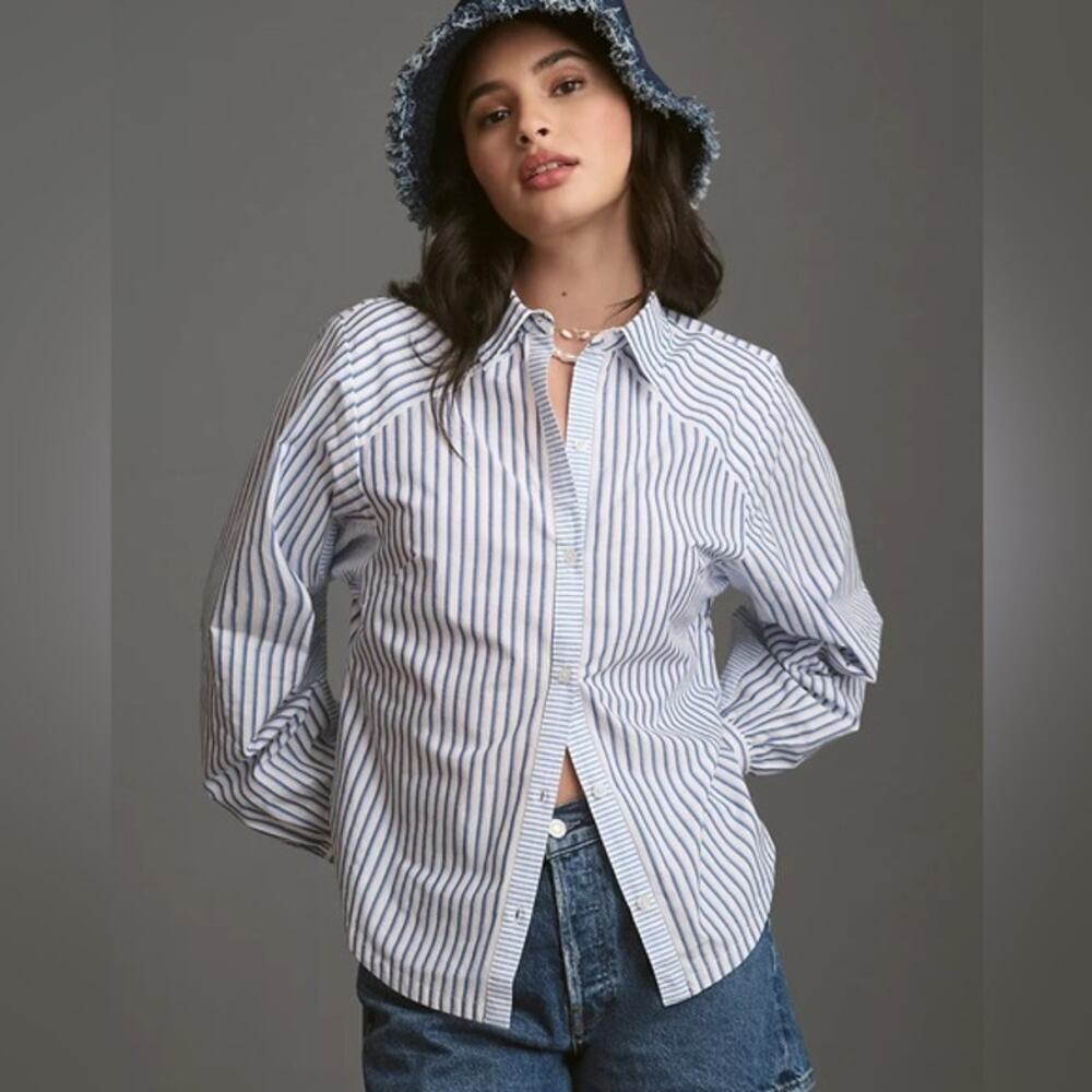 Maeve by Anthropologie Women's Mixed Stripe Cutout Button Down Shirt Size Small